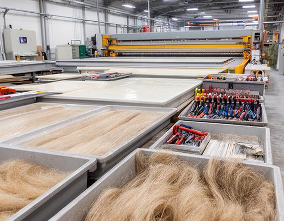 Proceso de laminado de fibra de vidrio en taller industrial con bandejas de materiales y herramientas ordenadas