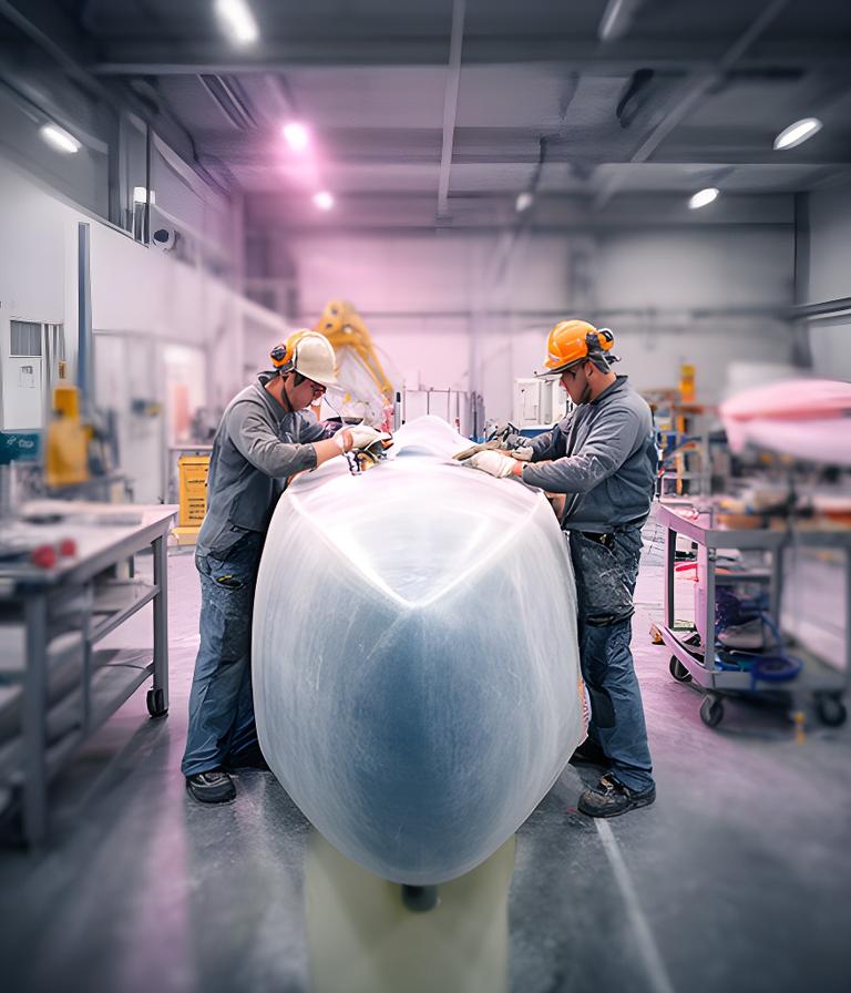 Técnicos trabajando sobre una pieza grande de fibra de vidrio en un taller industrial iluminado