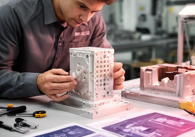 Especialista analizando un prototipo de material compuesto junto a un molde y fichas técnicas en un banco de trabajo