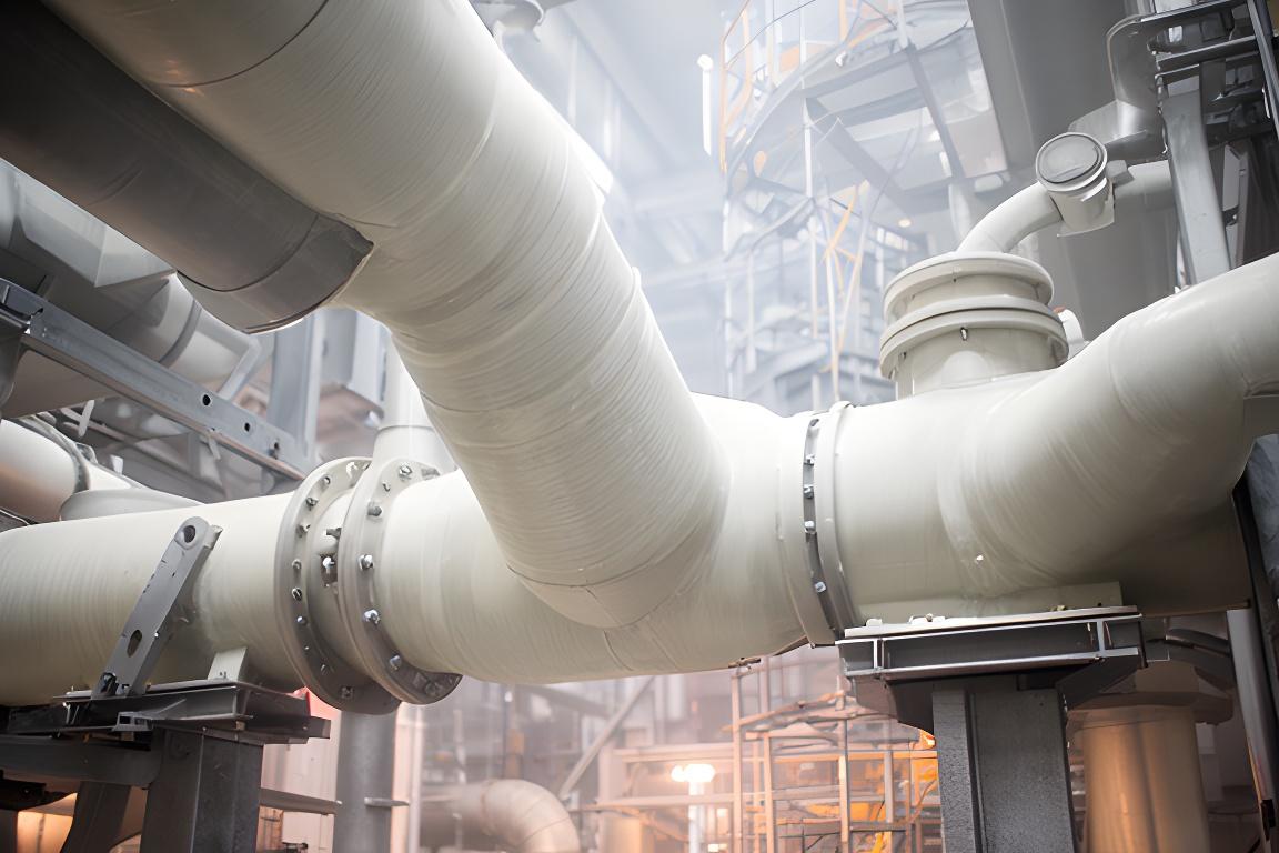 Sistema de ventilación de fibra de vidrio instalado en una planta petroquímica con conductos amplios y terminaciones resistentes