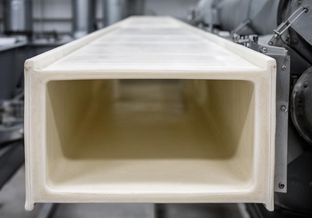 Conducto rectangular de fibra de vidrio preparado para ventilación y transporte de aire en ambiente industrial