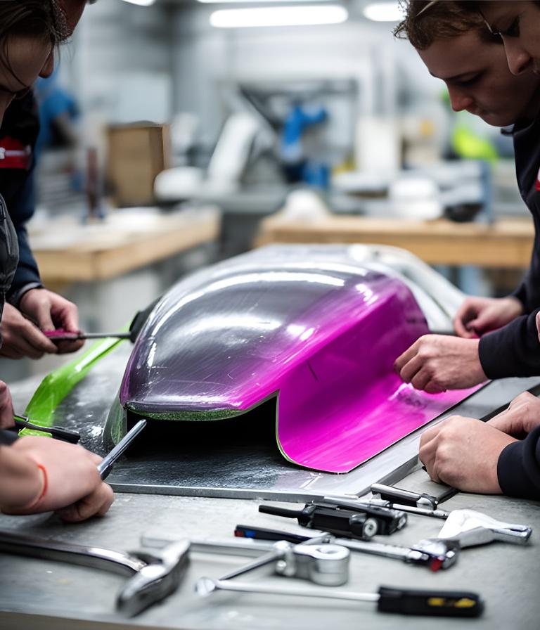 Técnicos revisando una pieza de fibra de vidrio en un taller industrial luminoso con herramientas y planos sobre la mesa