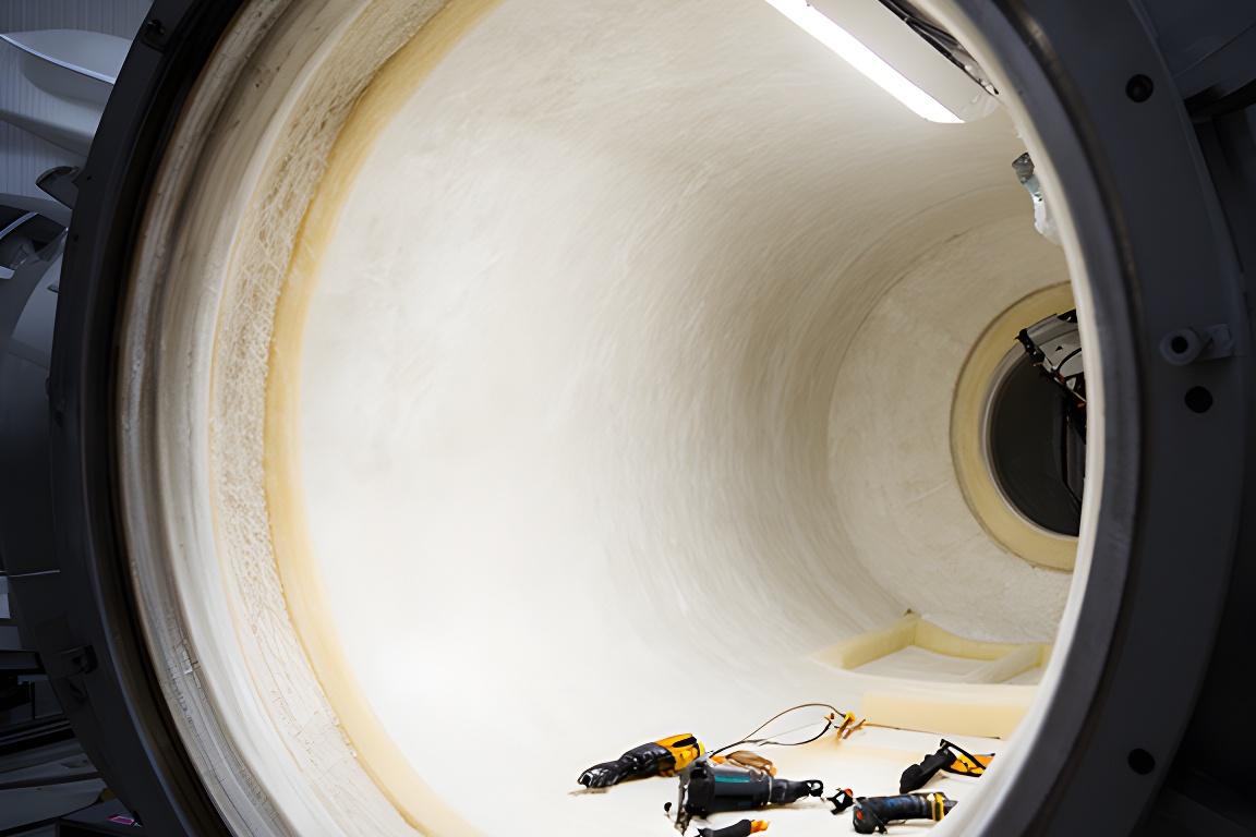 Revestimiento interior de un reactor químico de fibra de vidrio en proceso de instalación con herramientas técnicas