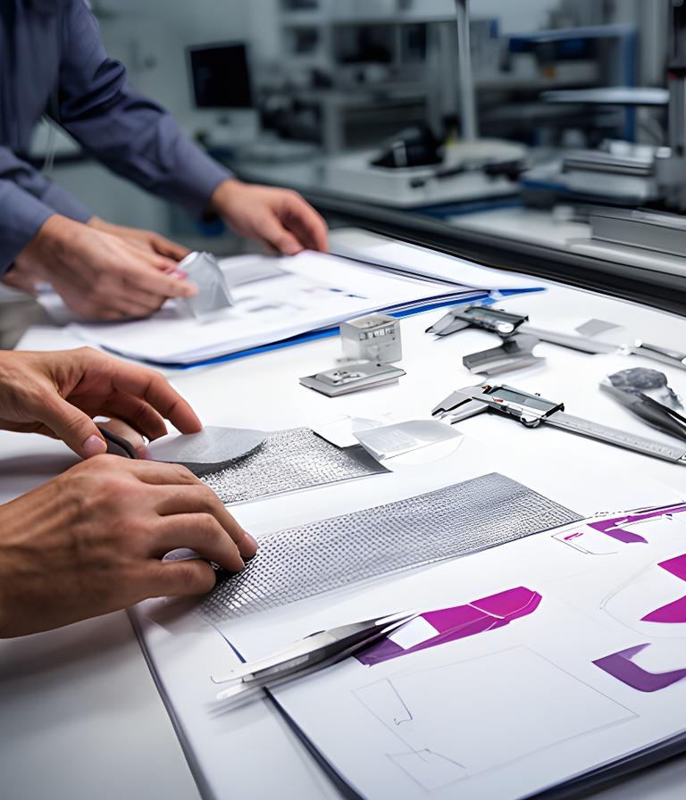 Equipo técnico revisando documentación y muestras de fibra de vidrio en una mesa de trabajo luminosa