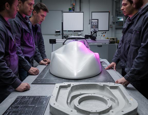 Equipo técnico evaluando un prototipo de fibra de vidrio junto a un tablero de medición y un molde de prueba